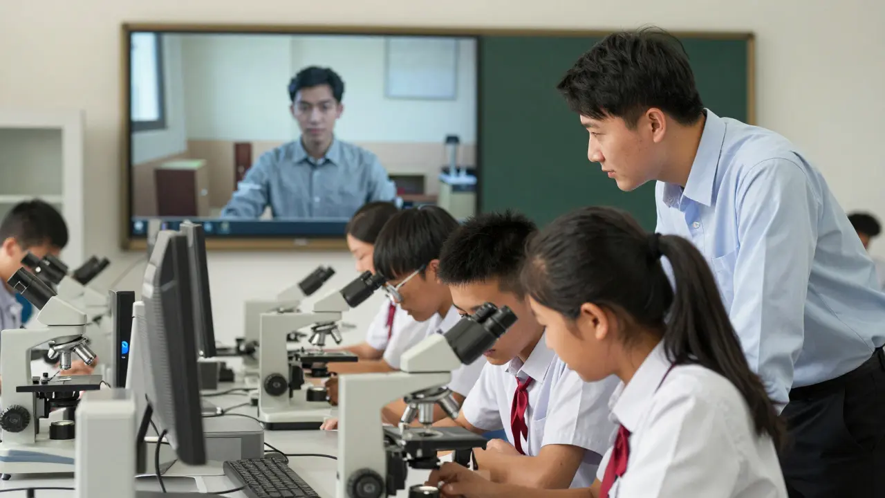 Сравнение: студенты в лаборатории и одинокий ученик за компьютером.
