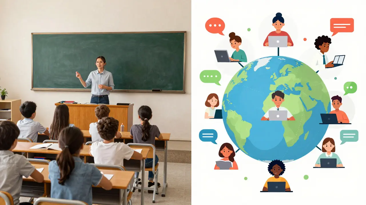 Сравнение традиционного класса и глобальной онлайн-обучающей сети с разными людьми по всему миру.
