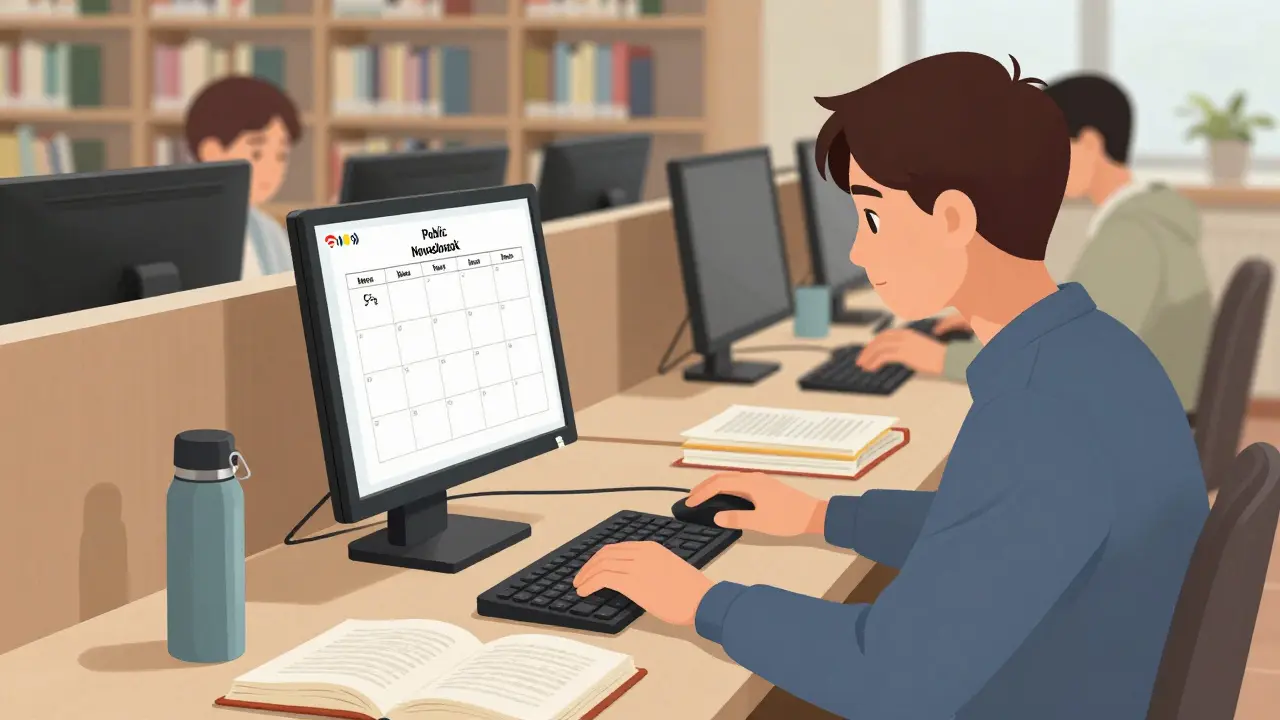 Студент использует компьютер в библиотеке с печатным расписанием и учебниками, рядом другие студенты спокойно занимаются.