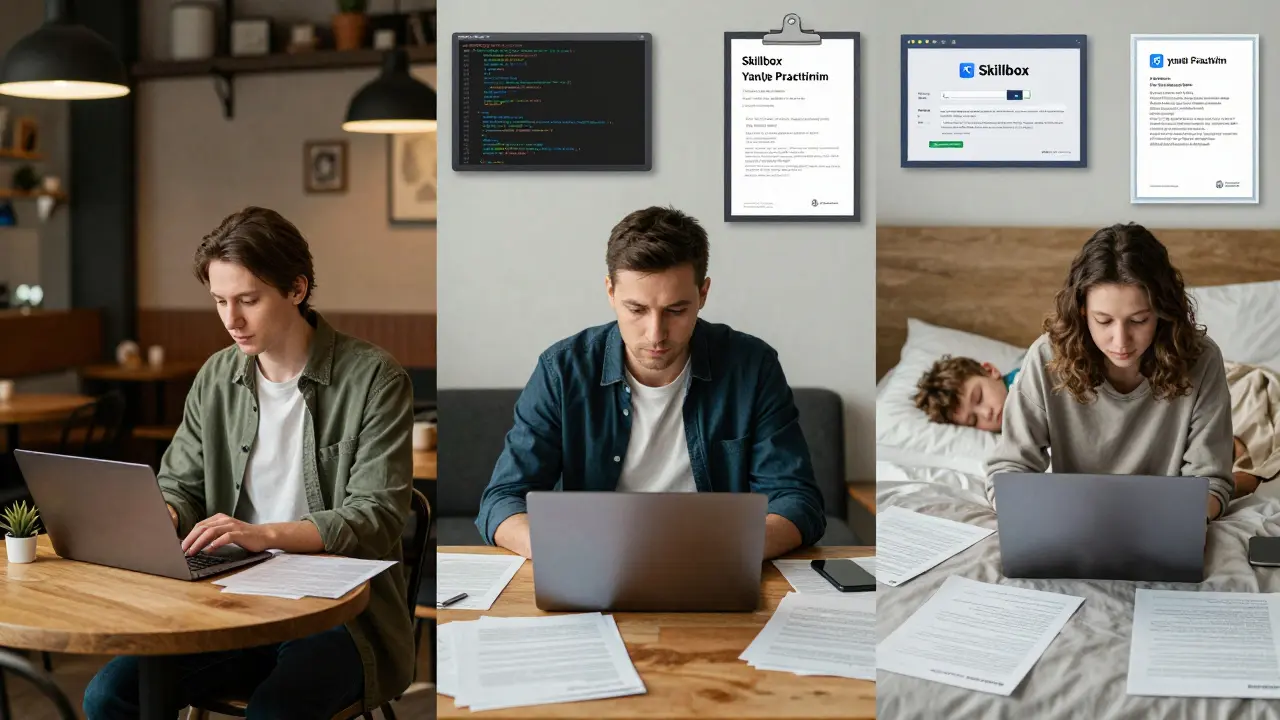 Три человека учатся онлайн в разных условиях — дома, в кафе и с детьми.