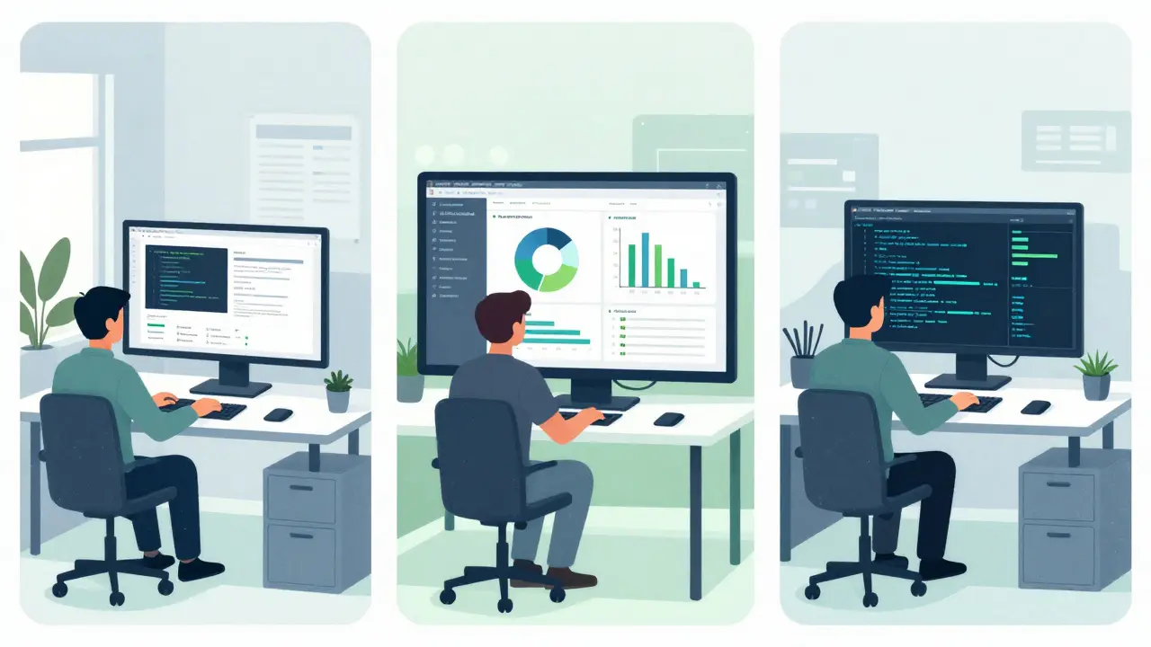 Три человека занимаются разными IT-направлениями: веб-разработка, анализ данных и кибербезопасность, каждый за своим экраном.