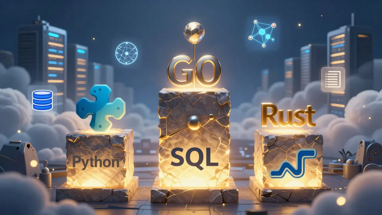 Три основных языка программирования представлены как ступени к облаку, с Go и Rust наверху в стиле фэнтези-инфографики.