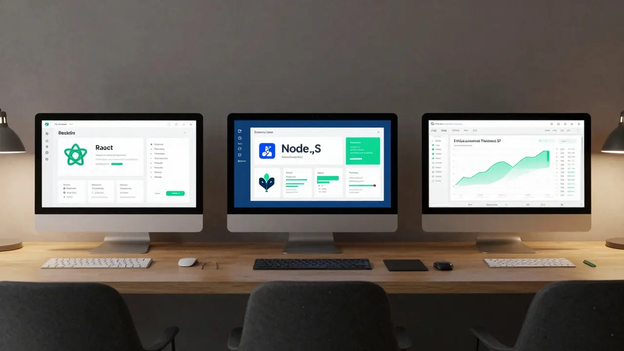 Три рабочих места, представляющие разные IT-направления: фронтенд, бэкенд и аналитика данных.