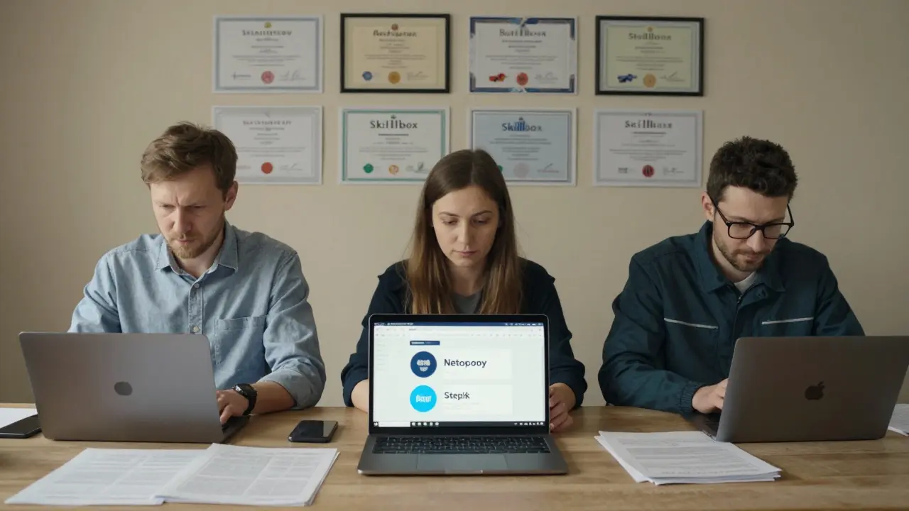 Трое людей в России учатся онлайн: бухгалтер, домохозяйка и рабочий с экранами платформ.