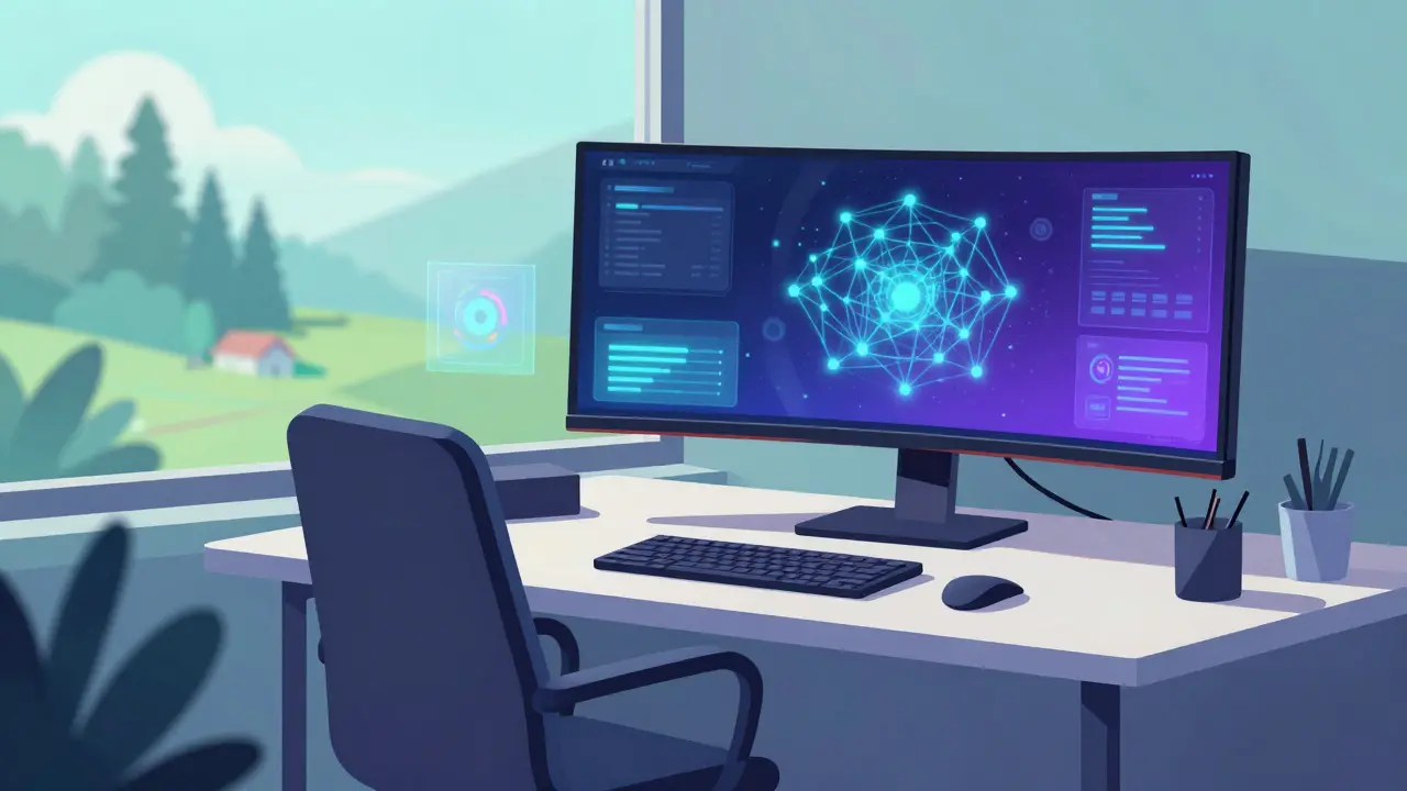 Удаленный офис с монитором показывает абстрактные данные на фоне природы.