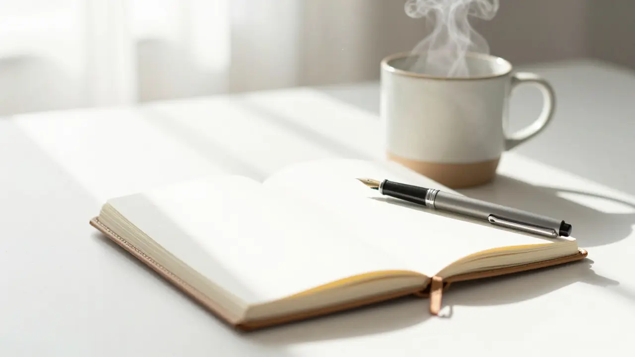 Утренний стол с кофейной чашкой для продуктивной работы