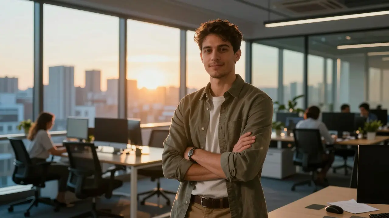 Уверенный специалист IT в современном офисе с видом на город за окном