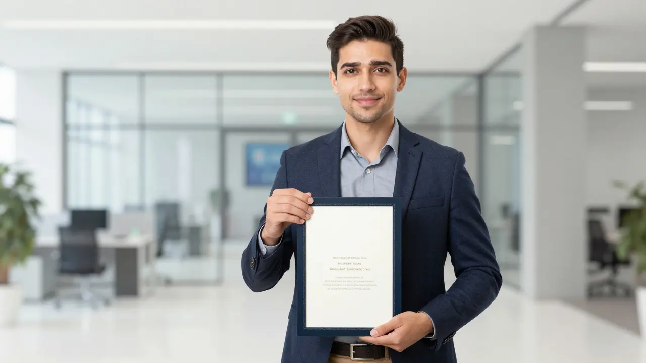 Выпускник с дипломом в современном офисе