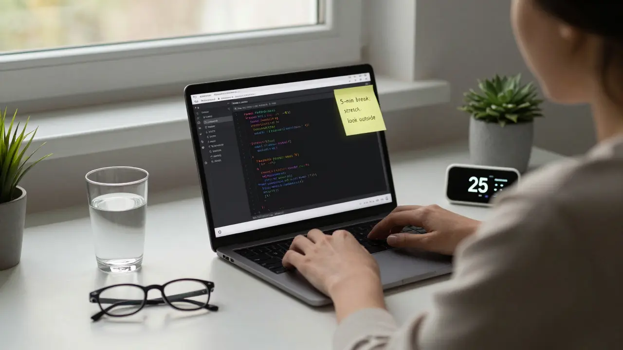 Взрослый студент работает за ноутбуком, рядом — таймер Помодоро и записка с напоминанием о перерыве.