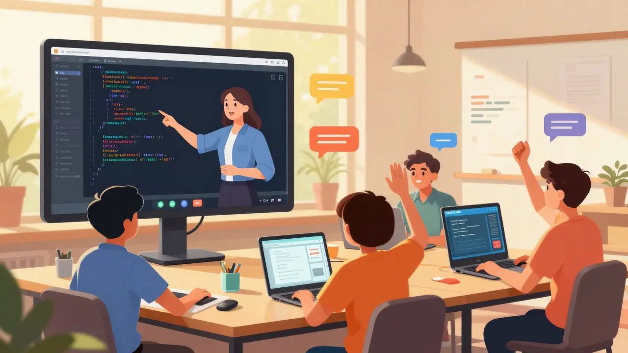 Живая онлайн-встреча с преподавателем и студентами, которые вместе пишут код и обсуждают задачи в реальном времени.