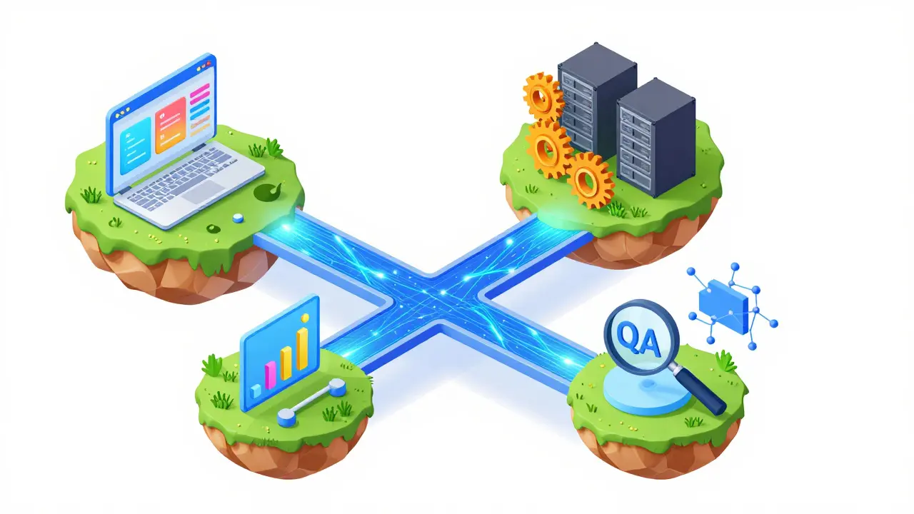 Изометрическая иллюстрация четырех направлений IT: фронтенд, бэкенд, тестирование и анализ данных