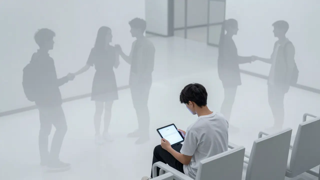 Одинокий студент с планшетом на фоне призрачных образов общающихся студентов