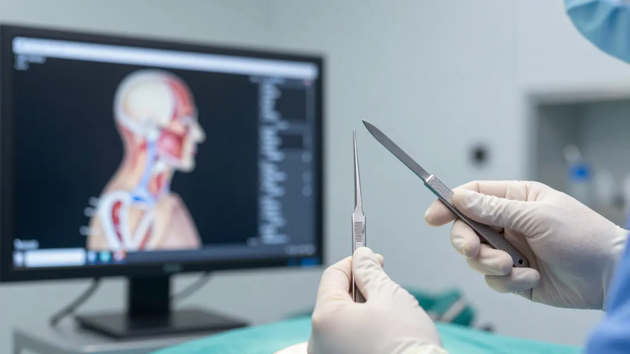 Разделение экрана: онлайн-курс анатомии и руки хирурга со скальпелем