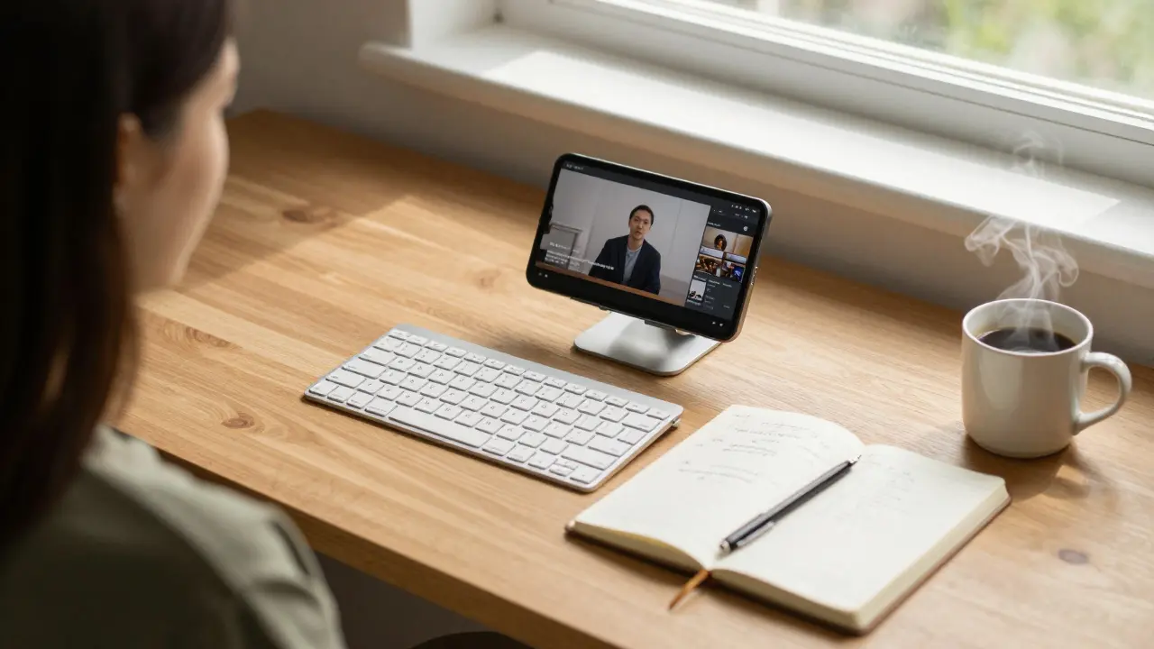 Смартфон с внешней клавиатурой, тетрадь и кофе на рабочем столе студента