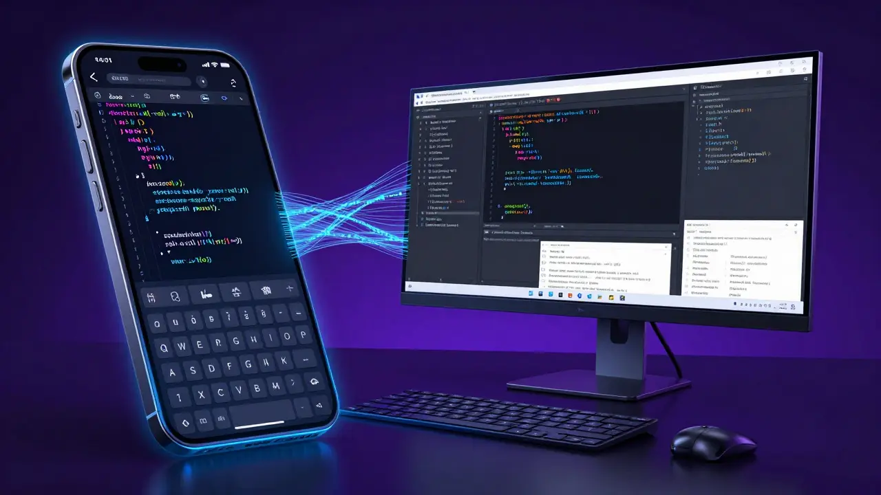 Сравнение интерфейса написания кода на маленьком экране смартфона и на большом мониторе ПК